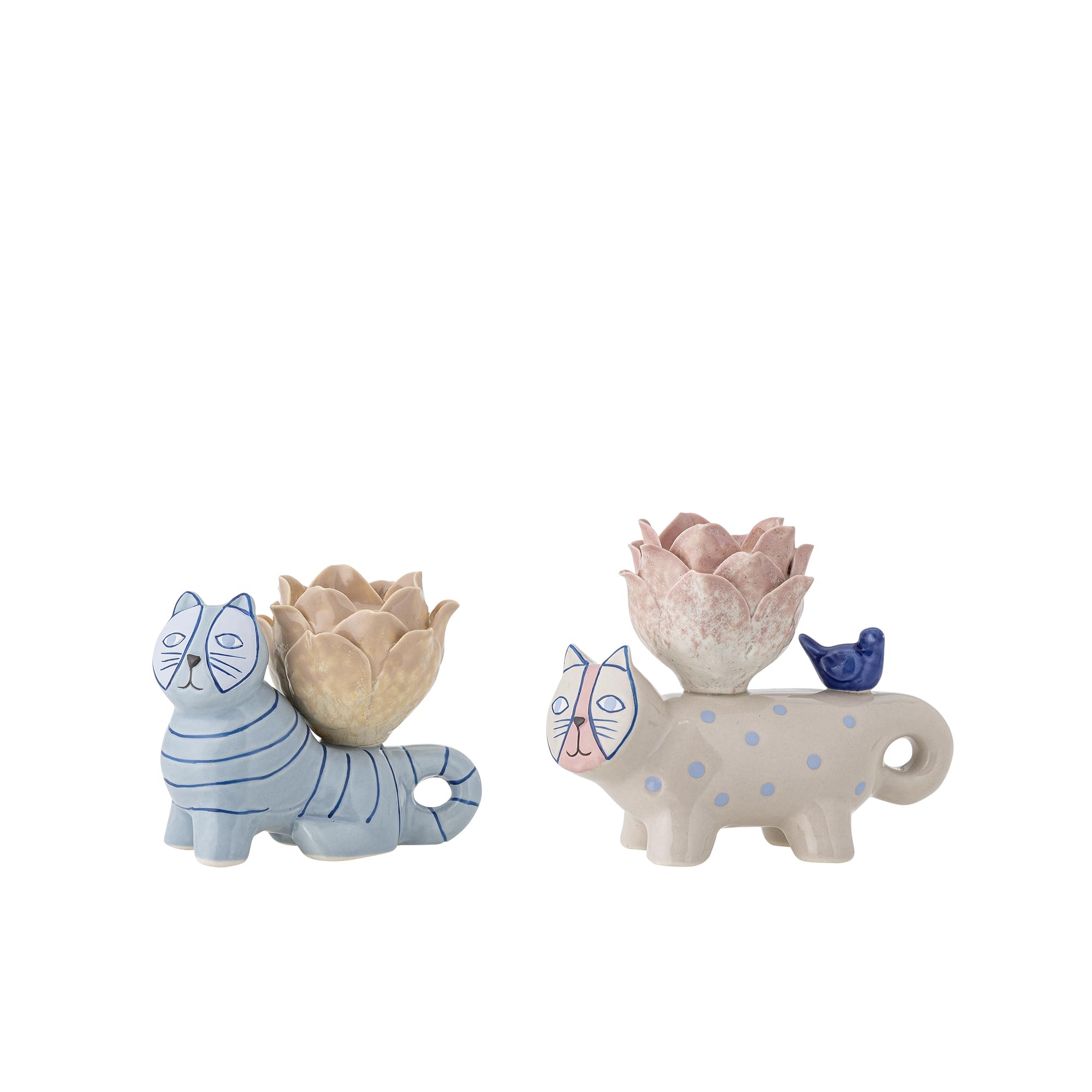 Bloomingville Kerzenhalter Missy 2er Set Katzenfiguren in Mehrfarbig - handbemalte dekorative Kerzenhalter aus 100% Steingut mit blütenförmigen Oberteilen, L9.5xH8xB6.5 / L12xH10xB6.5cm