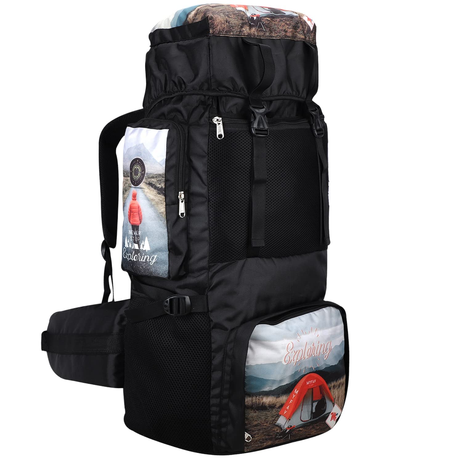 MY FAV 70L Travel Backpack Camping Hiking Rucksack Trekking Bag with Water Proof Cover Printed Bag for Multipurpose Use (Black, Camping Print)