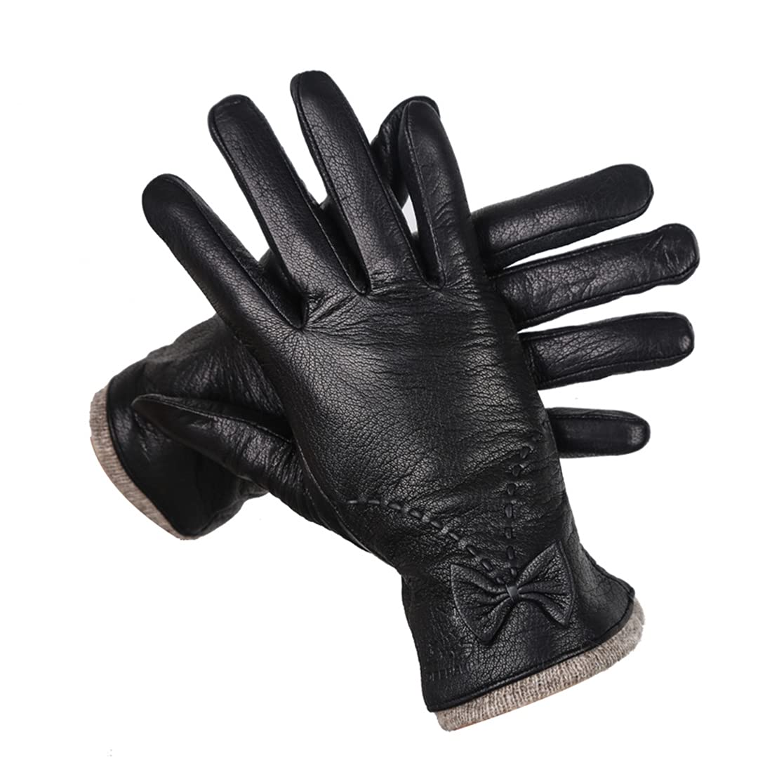 Guanti in pelle invernale per donna Guanti in pelle Guanti da guida antivento per esterni con fodera calda Black 8