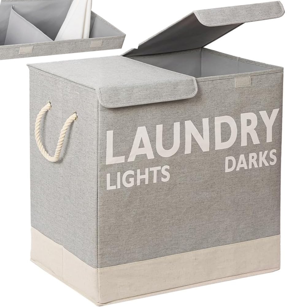Panier à linge 2 compartiments couvercle anti-odeur - Corbeille linge sale 60 cm gain de place