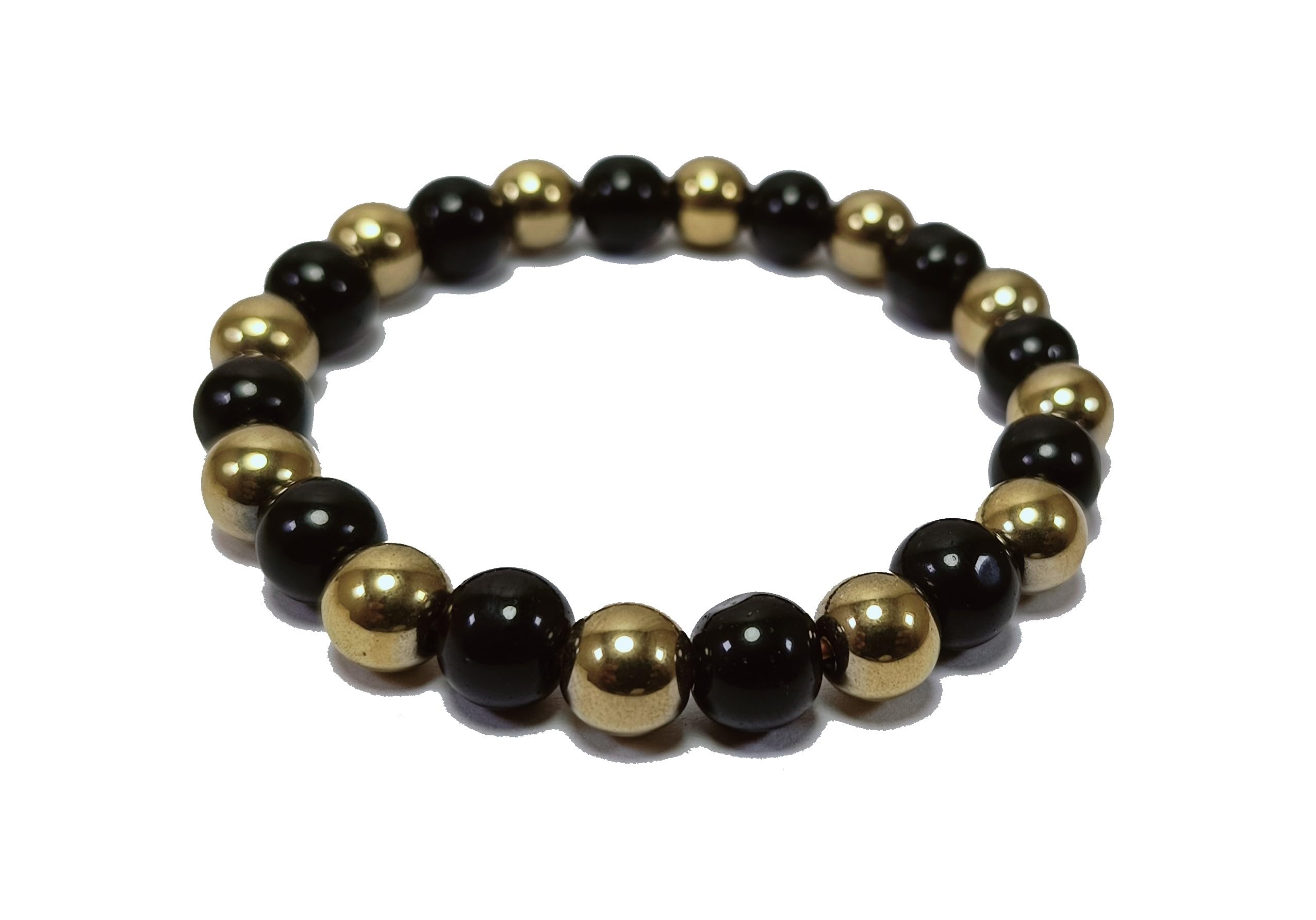 GenericPyrite Bracelet With Black Obsidian Bracelet Crystal Stone 8mm Round Bead Bracelet for Reiki Healing and Crystal