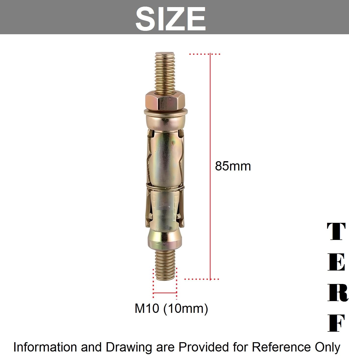 TERF® M10 X 85mm Projecting Bolts M10 X 85mm (M10:15P) Zinc or Zinc Yellow Passivated Steel Masonry Shield Anchor Bolt - Pack of 4 - Image 3