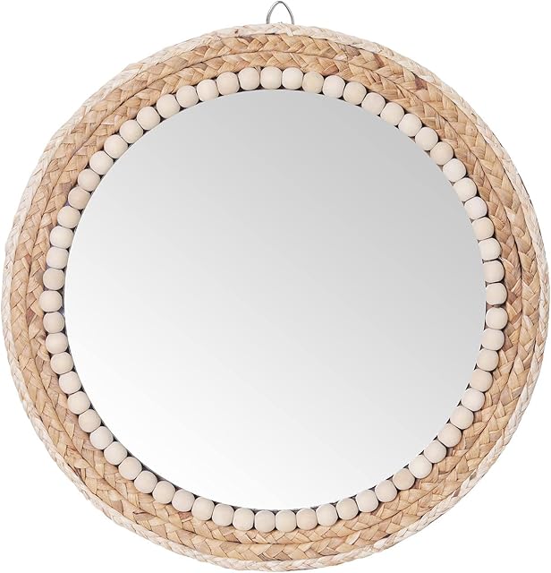 C&Z 15 Inch Boho Round Hanging Wall Mirror Decorative Rattan Circle Wall Mounted Mirror for Farmhouse, Living Room, Bedroom, Bathroom