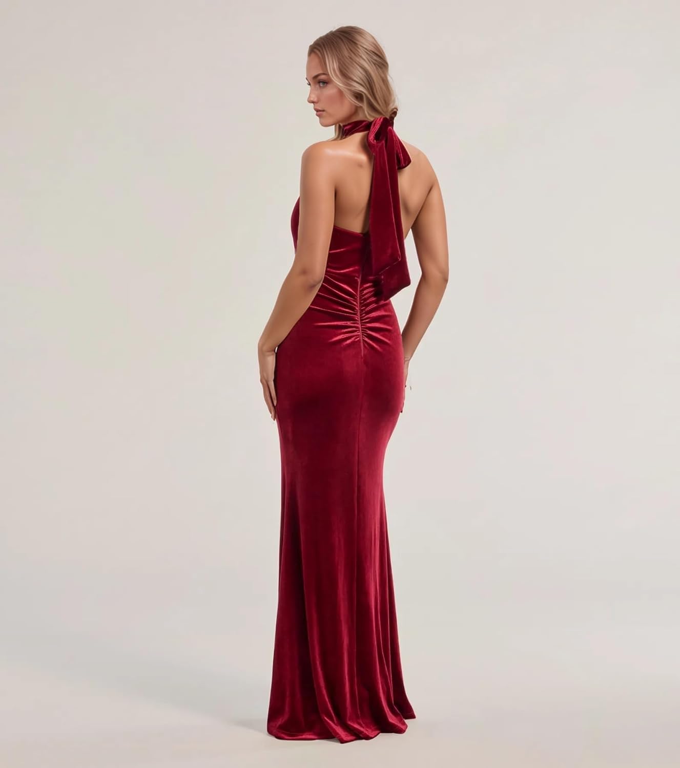 Velvet Halter Wedding Guest Dress Bow Formal Backless Dresses for Women Backless Maxi Dress for Prom - Image 2