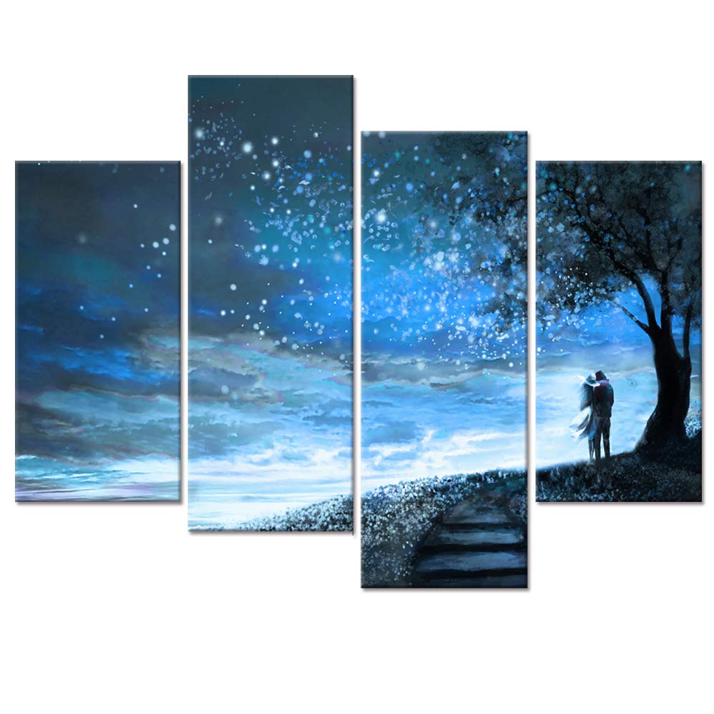 WELMECO Abstract Blue Canvas Wall Art Romance Lovers under Fancy Starry Night Digital Painting Prints Amazing Sky Scenery Pictures for Modern Home Bedroom Guest Room Decoration Ready to Hang