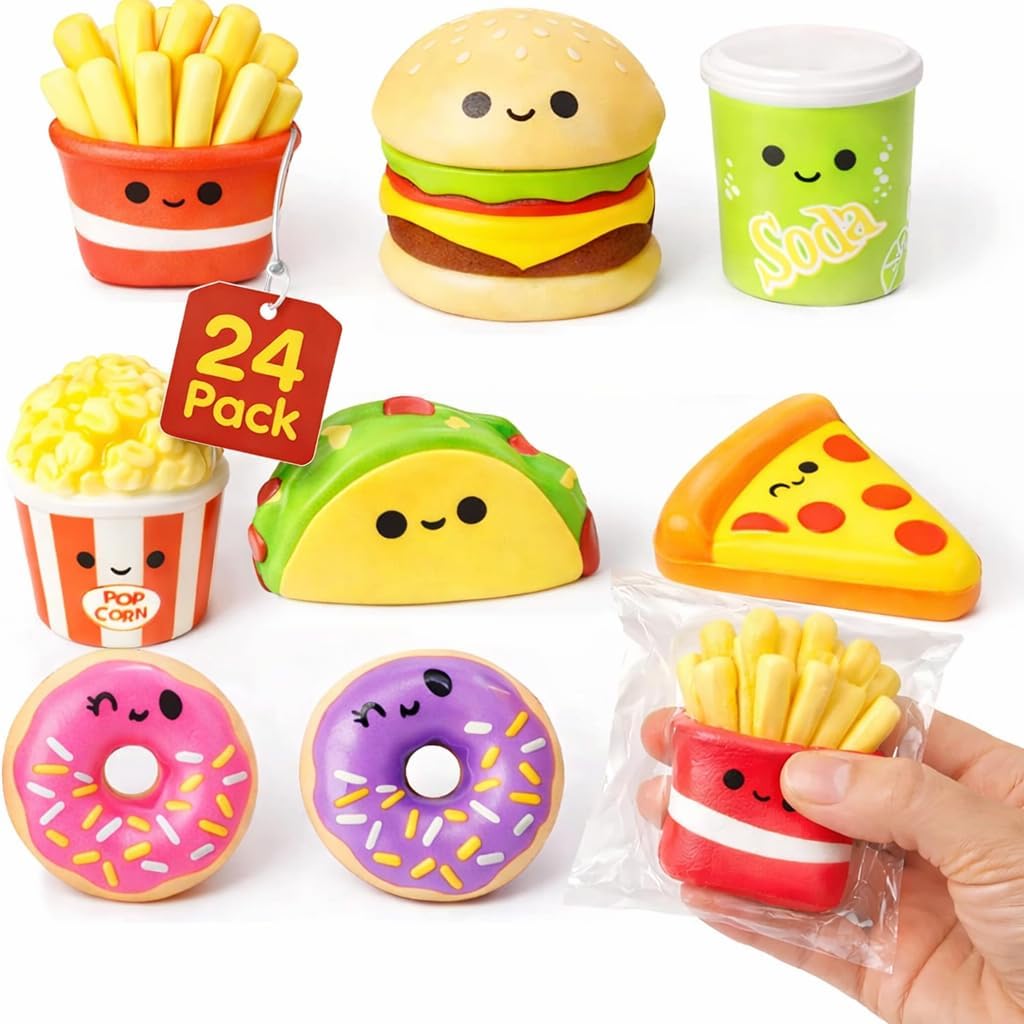 4E's Novelty 24 Pack Fast Food Squishy Toys for Kids Bulk Slow Rising Individually Wrapped Small 1.5-2.25" Squishies, Easter Egg Filler Stuffers Gift Birthday Party Favor