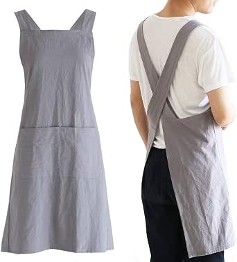 Dianinfa Women's Cross Back Apron – Cotton Linen Kitchen Baking Chef Pinafore Dress With 2 Pockets