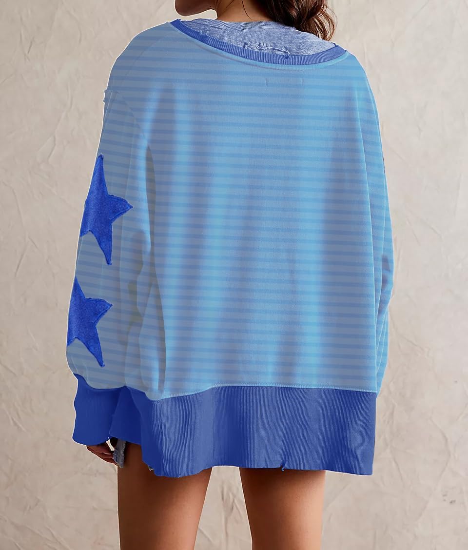 Womens Oversized Crewneck Sweatshirt Y2k Striped Star Long Sleeve Side Slit Pullover Sweatshirt Teen Girl Aesthetic - Image 4