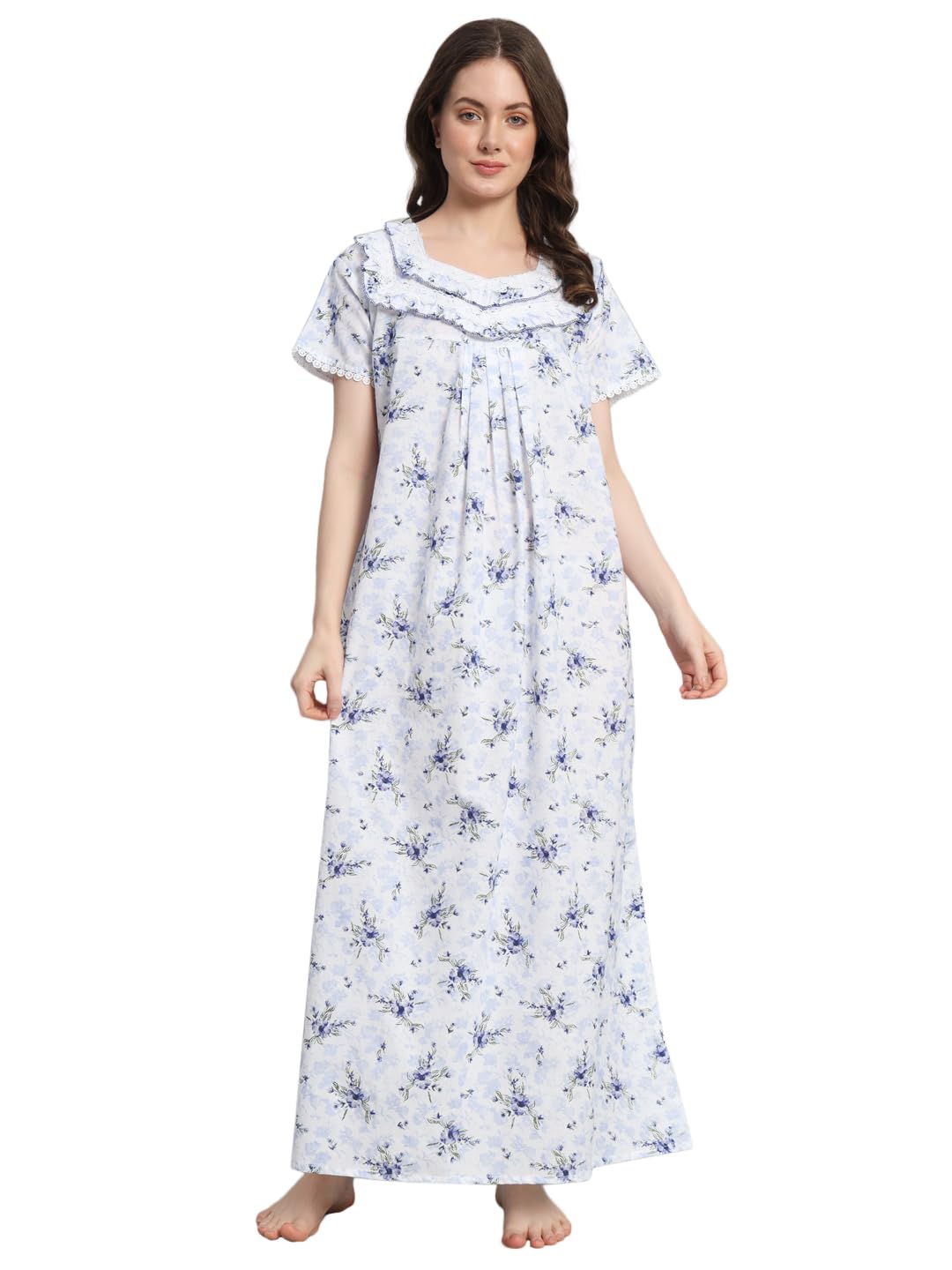 sephani Women's 100% Cotton Printed Maxi Nightgown Long Nighty Half Sleeves for Ladies Super Soft Comfortable Design White-picture-25