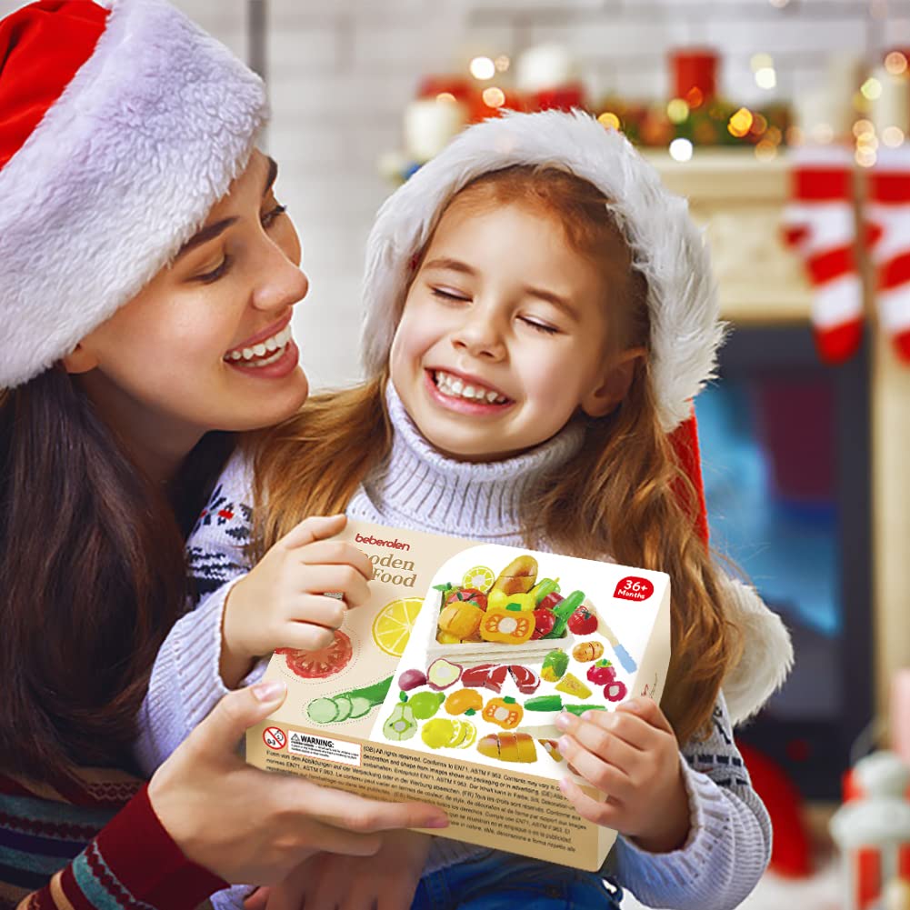 Beberolen Kinderküche Spielküche Zubehör aus Holz, Holzspielzeug Küchenspielzeug Schneiden Obst Gemüse Lebensmittel Holz mit Klett-Verbindung für Kinder, Lernspielzeug Rollenspiele Geschenk