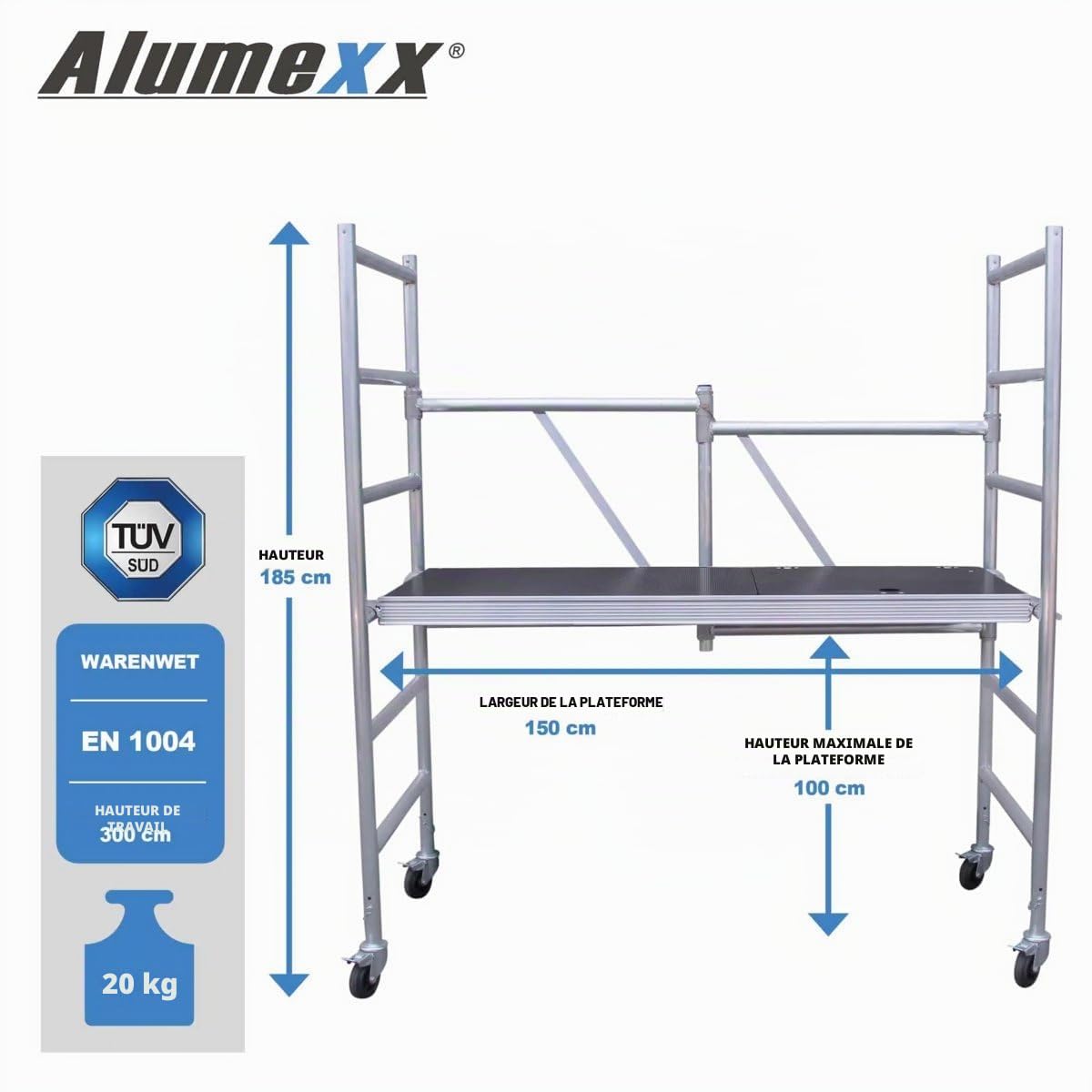 Alumexx ECO-Line Échafaudage pliant Module A - Échafaudage roulant - Convient pour un usage privé - Classe 2 - Aluminium - Hauteur de travail 3m - Fabrication néerlandaise - Certifié TÜV