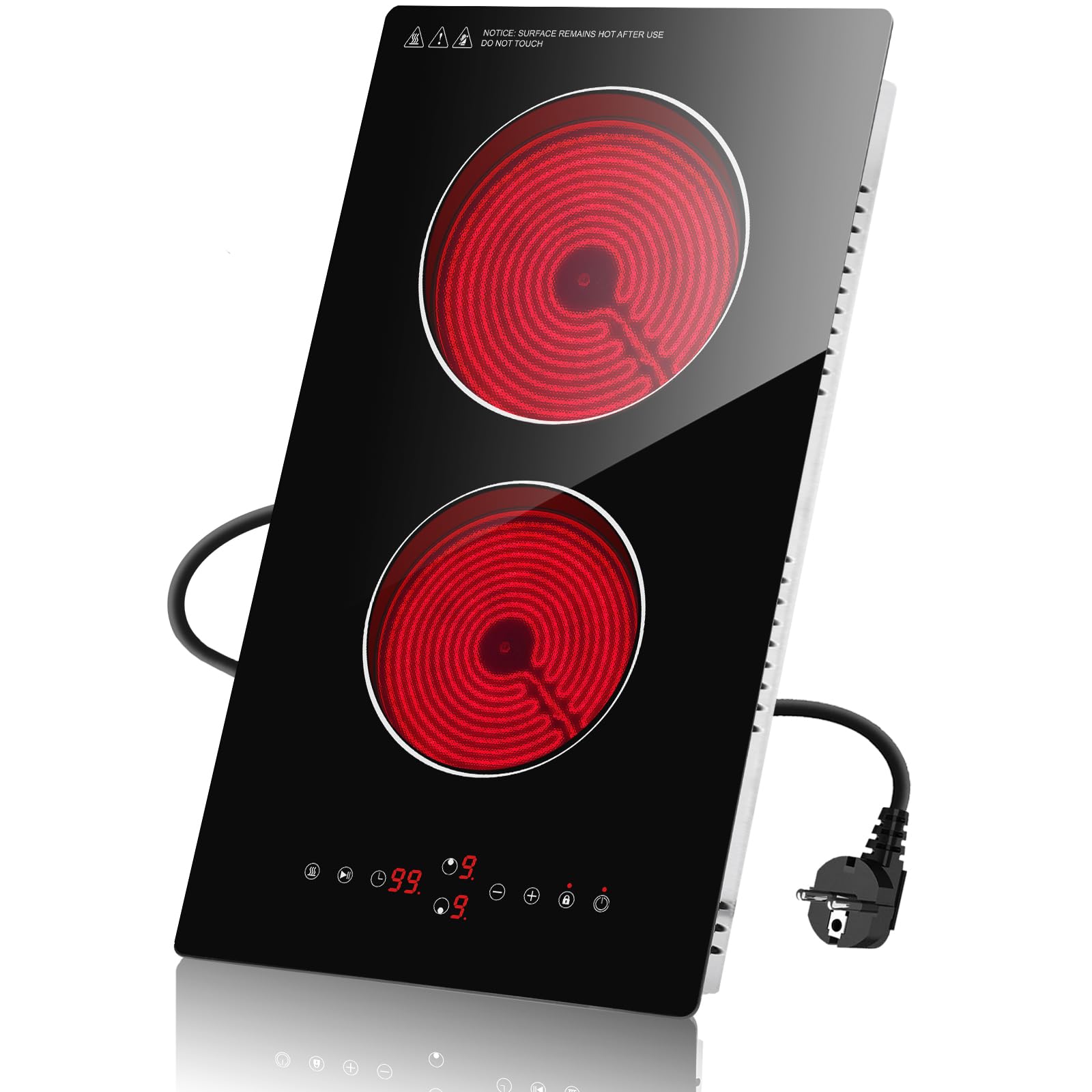 Alemania Placca elettrica in vetroceramica 2 fuochi 3000 W, 30 cm da incasso e posabile, piastra Domino con timer, pausa, mantenimento al caldo e sicurezza per bambini