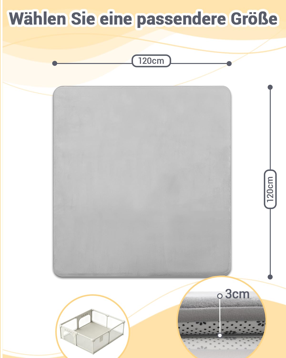 Dicke Krabbelmatte Baby 120×120×3cm,Schaumfüllung Teppich Spielmatte Baby,Rutschfester Unterseite&Weicher Kurzflor, Pflegeleicht,Teppich Kinderzimmer,Spielmatten Für Laufgitter,Grau