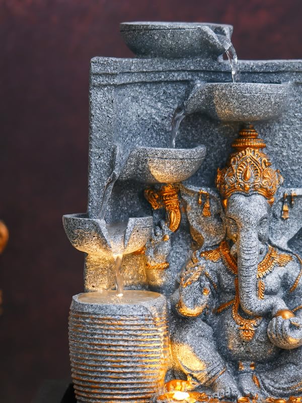 Image of Polyresin Grey Ganesha Idol Tabletop Indoor 4 Diya Steps Water Fountain for Home Decor with Yellow LED Light & Water Flow Controller Pump (Size: 39 x 29.5 x 22CM | Wt: 2195grm)