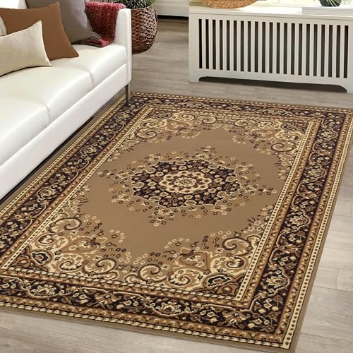 Superior Indoor Large Area Rug With Jute Backing, Floor Decor for Bedroom, Farmhouse, Kitchen, Office, Living Room, Woven Rugs, Elegant Medallion Border, Leopold Collection, 8' x 10', Brown