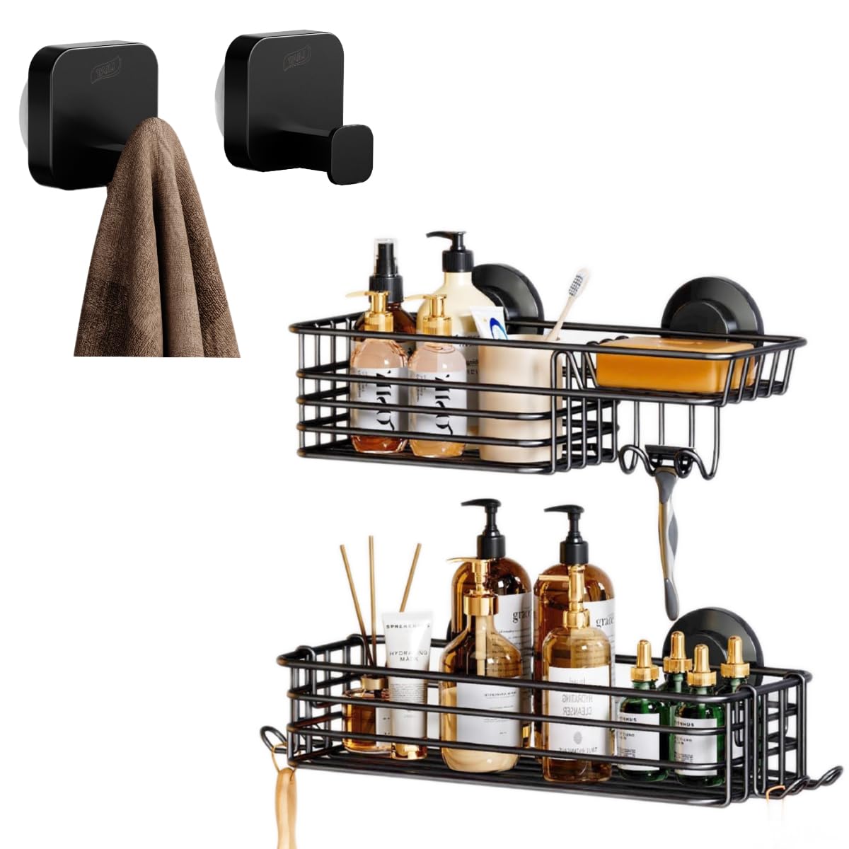 TAILI Shower Caddy Suction Cup 2 Pack with Hooks Stylish 304 Stainless Steel Bathroom Suction Hooks for To