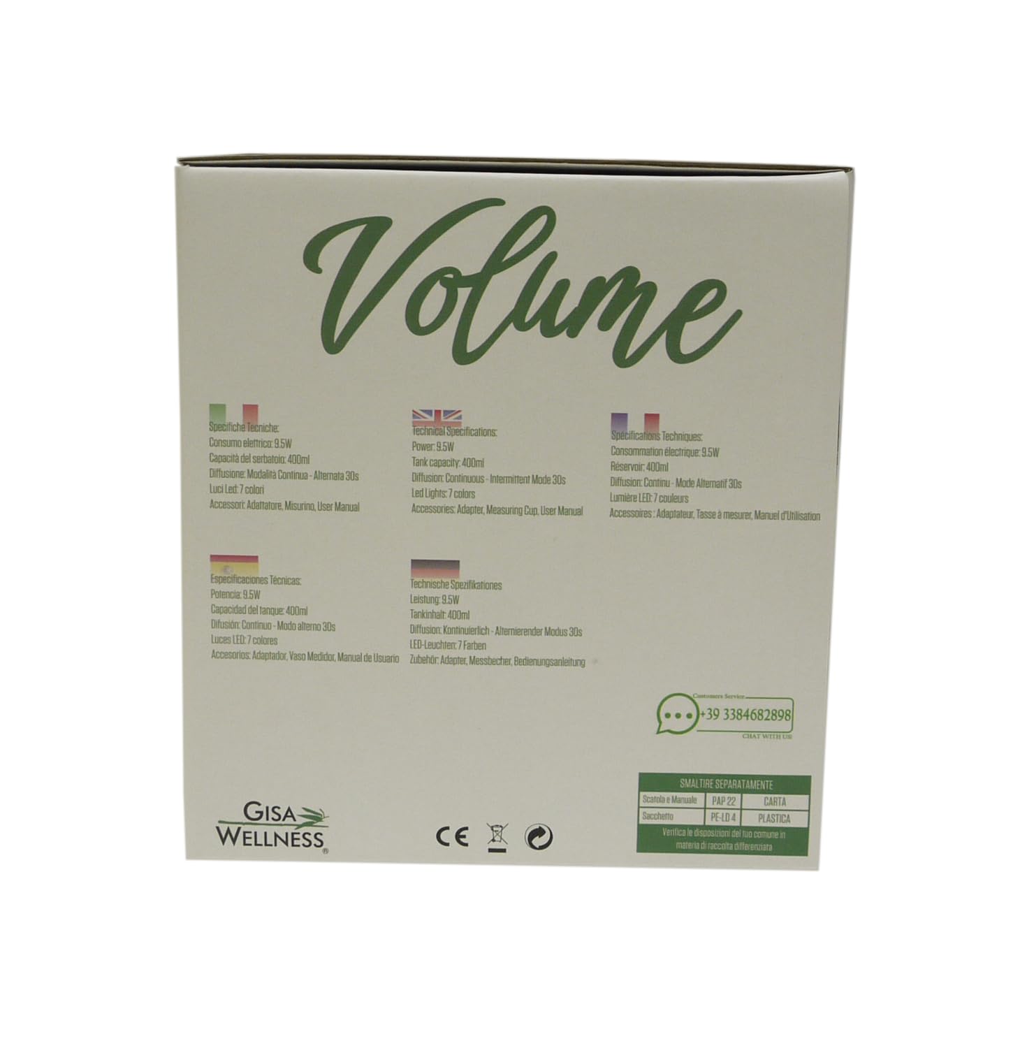 Gisa Wellness - VOLUME - Diffusore di Aromi ad Ultrasuoni - con Tecnologia Bluetooth - per Aromaterapia e Cromoterapia [Colori Luci LED] - Soggiorni, Uffici, Relax
