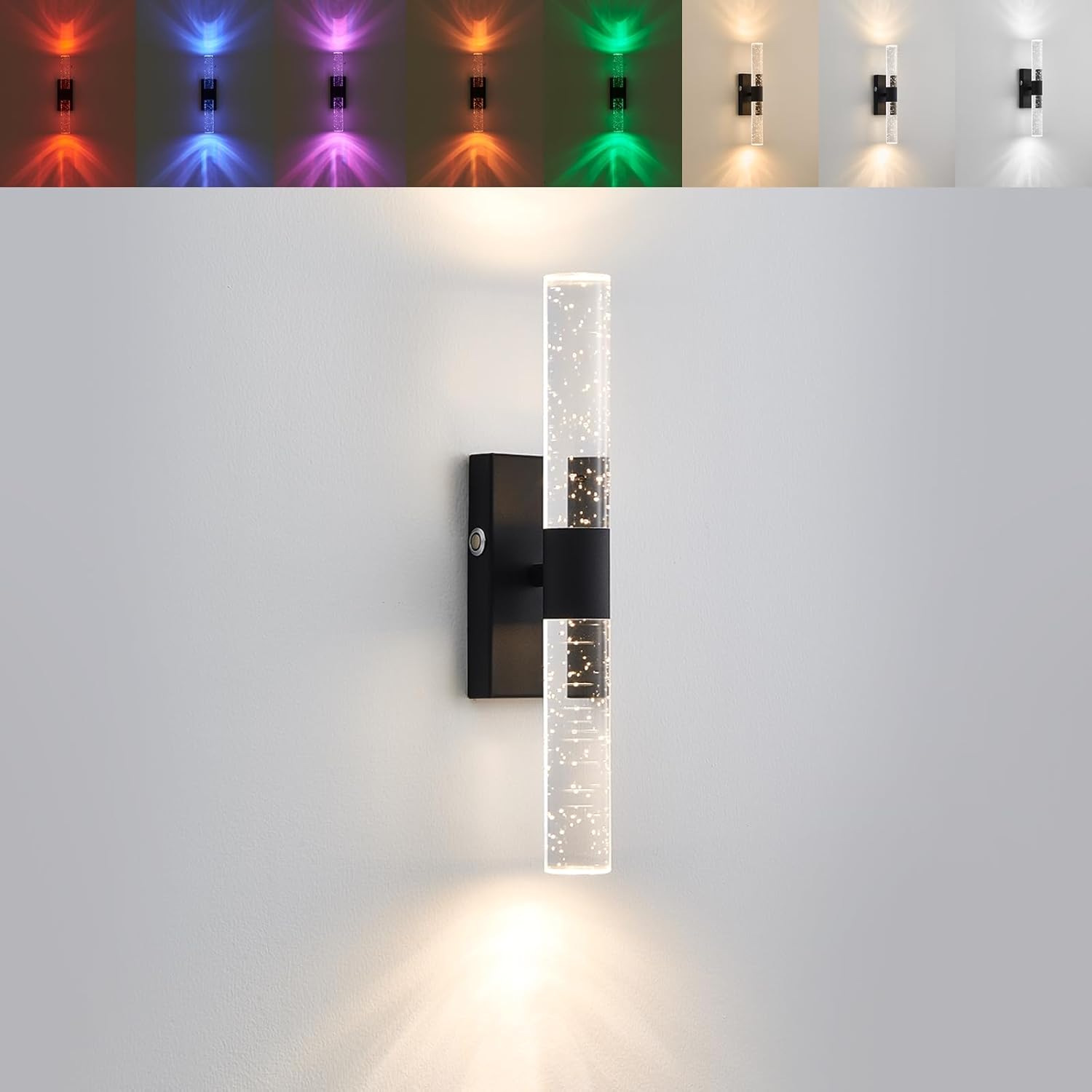 Battery Operated Wall Sconces Set of 2, Black Rechargeable Battery Powered Crystal Wall Sconce with Remote Control 3-Color Temps and RGB 10000mAh Dimmable sconces for Living Room, Bathroom