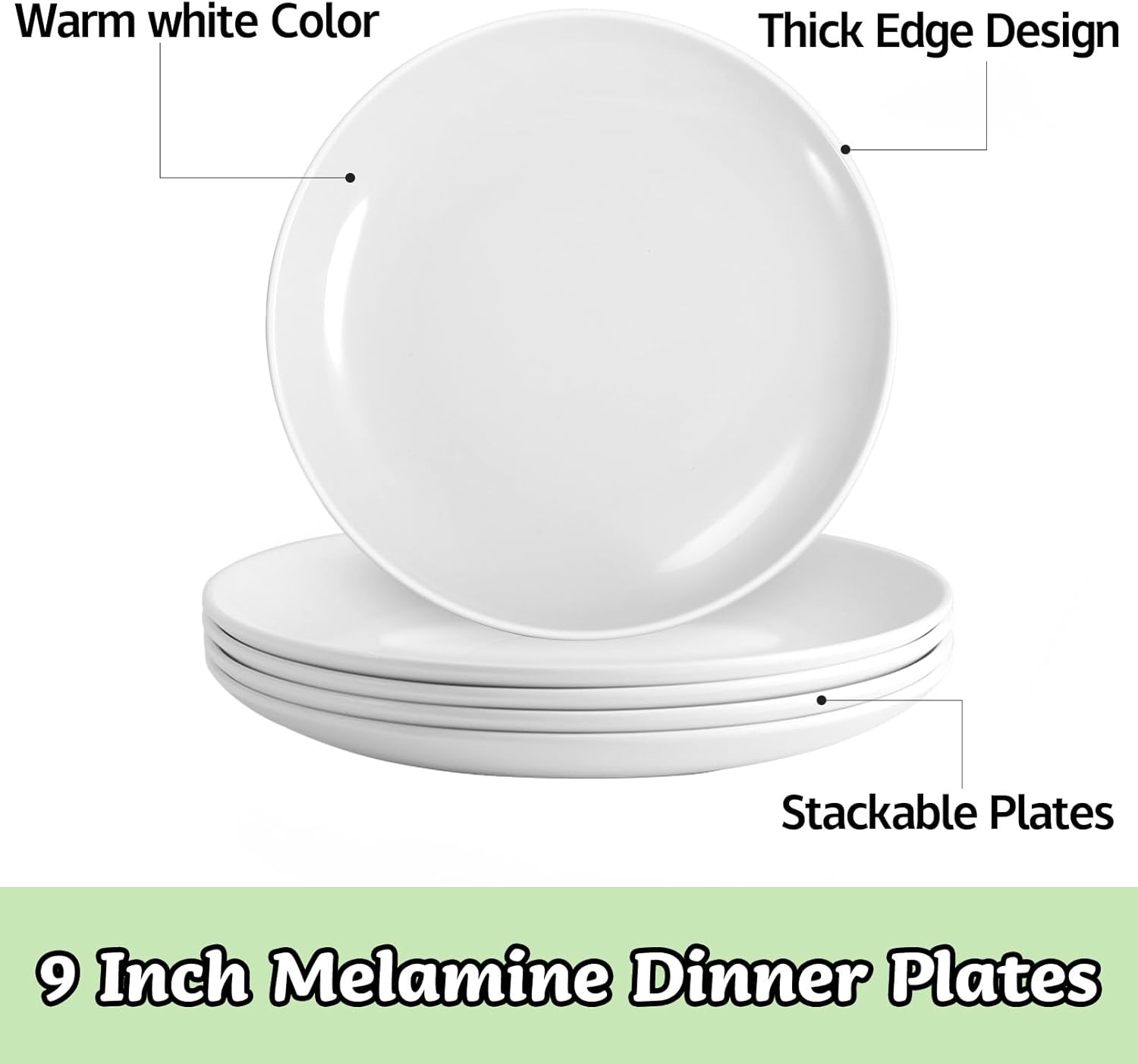 12 Pcs White Melamine Plates, 9 Inch Melamine Dinner Plates, Round Salad Plates, Reusable Dinnerware Dishes for Everyday Use, Indoor and Outdoor, Break-resistant