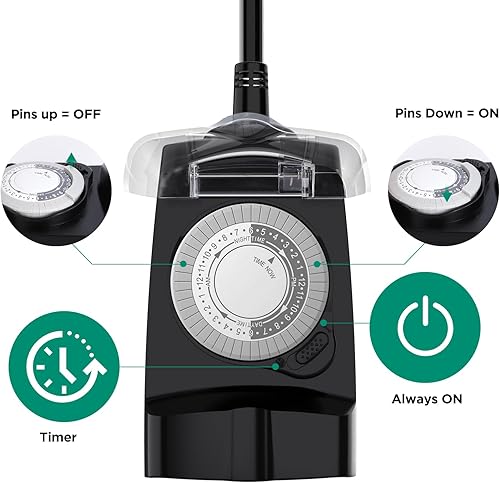 Miniatura 4 de G-Homa Toma de temporizador mecánica para exteriores de 24 horas, temporizador al aire libre para luces, impermeable, 2 tomas de tierra, 15 A 12 HP,