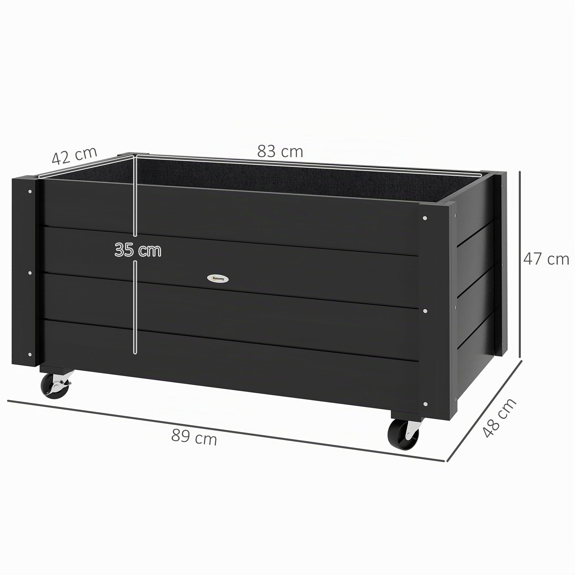 Outsunny Hochbeet Pflanzbeet mit Rollen Massivholz 89x48x47cm Schwarz