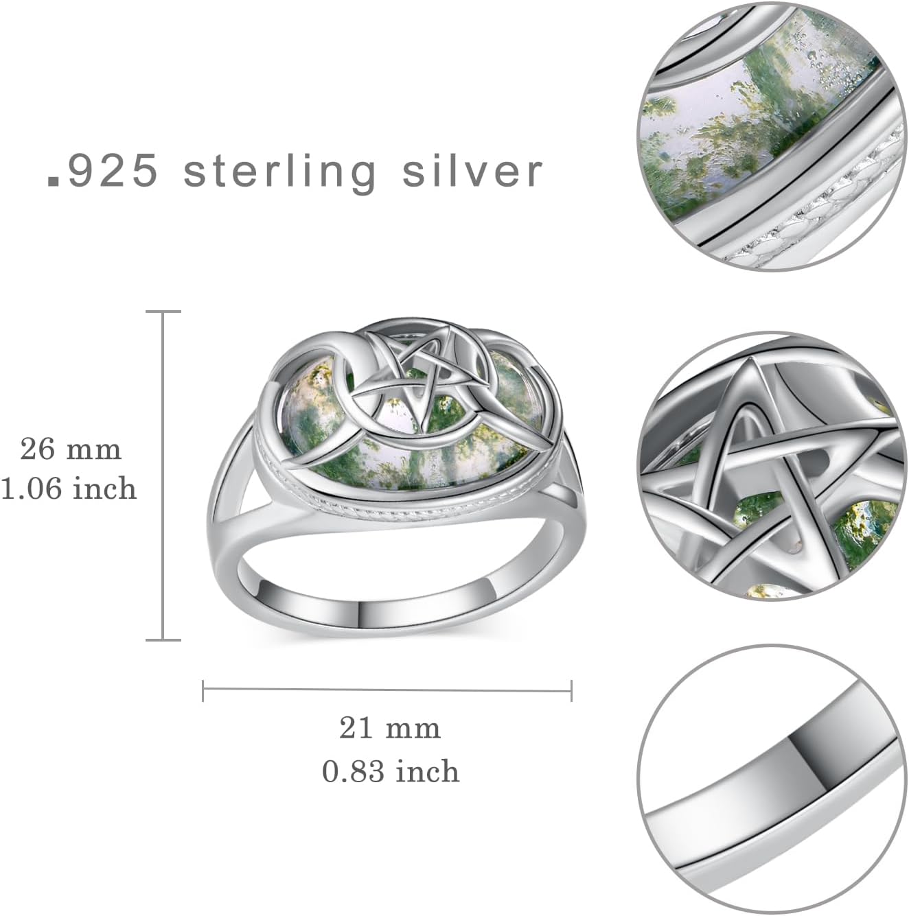 Pentagram Triple Goddess Ring - 925 Sterling Silver Moon Star Wiccan Ring with Moss Agate - Pagan Jewelry Gifts for Women