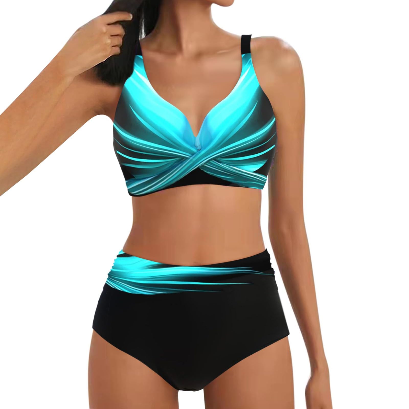 riou Bikinis Mujer 2024 Talla Grande Reductor Sin Aros Cintura Alta Vintage Cuello en V Trajes de baño de Dos Piezas Tops y Lateral con Cordones Braguitas Swimwear Control del Vientre S-XXL