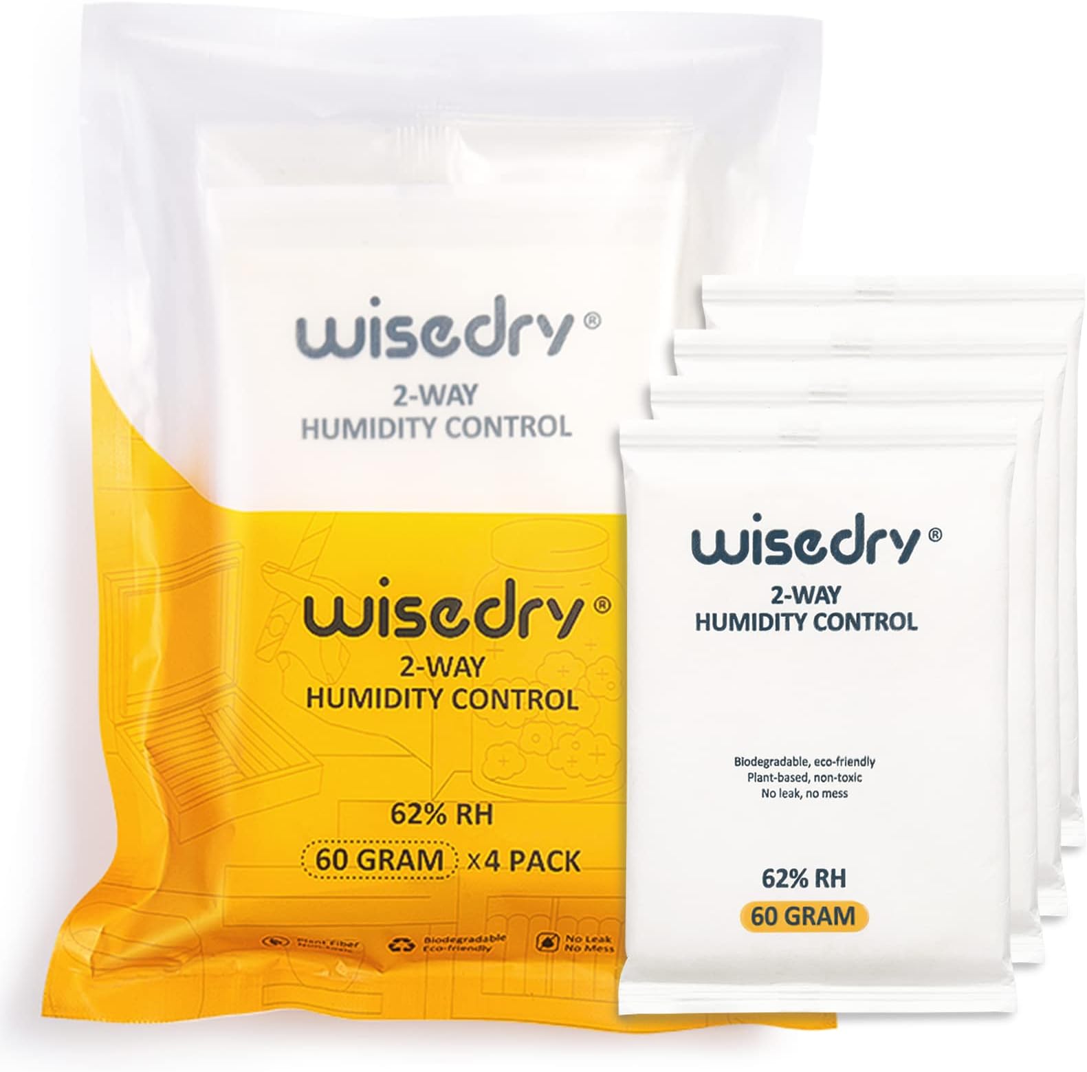 wisedry 2 Way Humidity Control Packs 62% RH - No Leaking, Size 60 x 4 Packets with Individually Wrapped