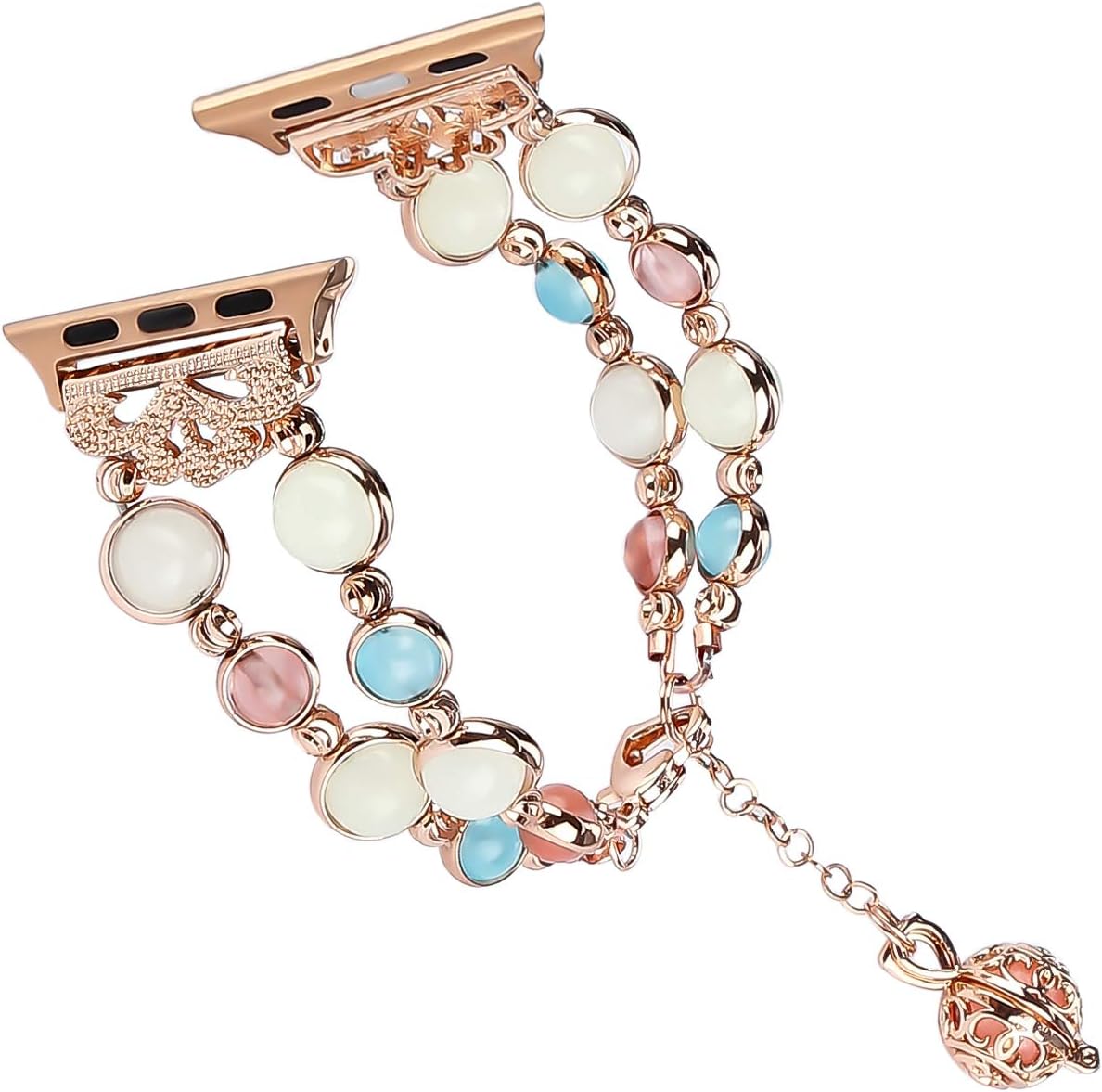 Tomazon Compatible Apple Watch Band 42mm 44mm Series 4/3/2/1, Unique Handmade Luminous Pearl iWatch Bracelet Link Adjustable Clasp Wristband with Perfume Storage Pendant for Women Girl - Rose Gold