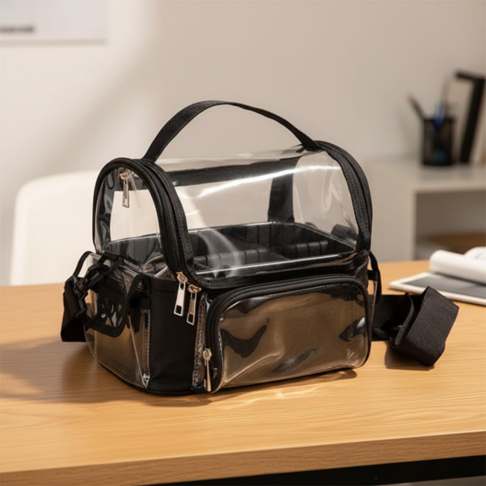 Trousse de Maquillage Organisateur Étui Cosmétique Pochette Transparente Sac de Toilette avec Poignée Confortable et Sangle Réglable pour Transport