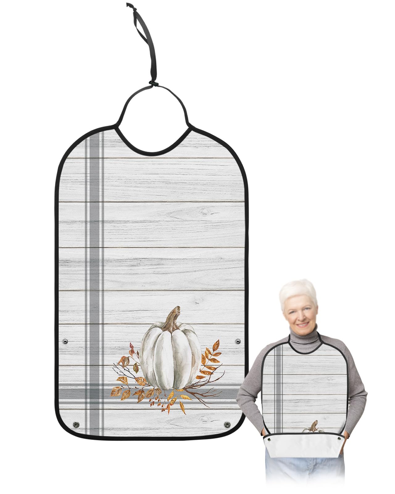 Thanksgiving Adult Bibs for Eating, Waterproof Bibs with Food Catcher & Adjustable Snap Closure, Pumpkin Fallen Leaves Rustic Wood Washable Clothing Protectors Adult Bibs for Elderly Women/Men