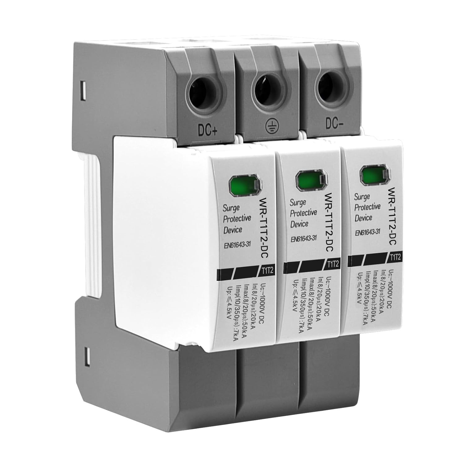 Heschen WR-T1T2-DC 3P 1000V DC In 20KA Iimp 7KA Type T1+T2 Fire Retardant DC Surge Protector for Photovoltaic Solar Surge Protector 35mm DIN Rail Mount CE Certified