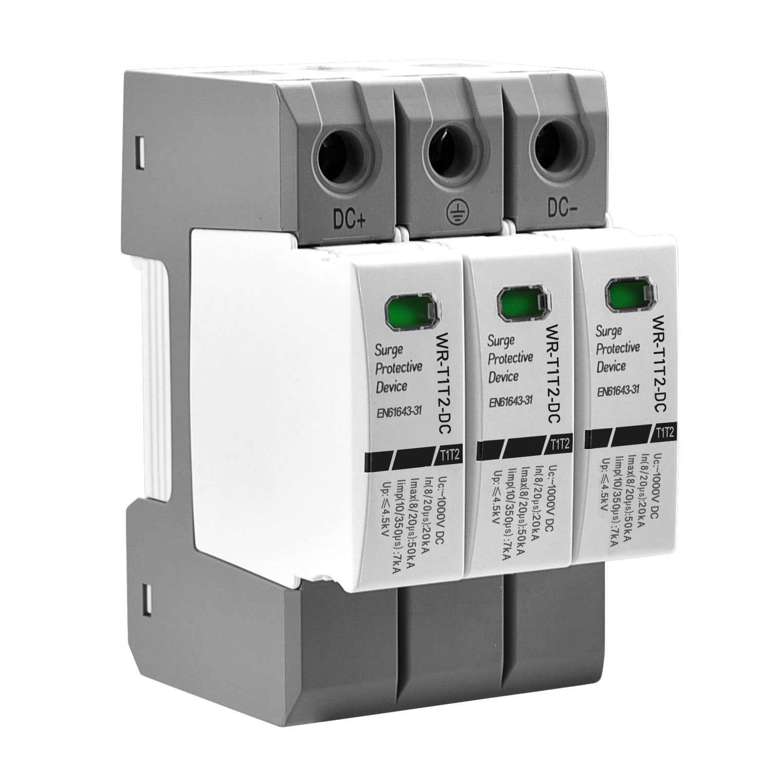Heschen Dispositivo di protezione da sovratensione CC per fotovoltaico, WR-T1T2-DC, 3P 1000V CC, In 20kA, Iimp 7kA, tipo T1+T2, ignifugo, montaggio su guida DIN da 35 mm, certificato CE