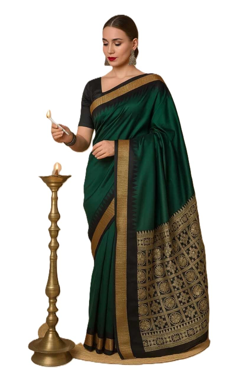new collection Dark Green Temple Border Plain Sambalpuri Pata Saree Odisha Handloom Papa Silk Pasapalli Design Kanjivaram Sari Ethnic Orissa sari for Women Girls Casual Daily Use New Sari with Blouse-picture-20