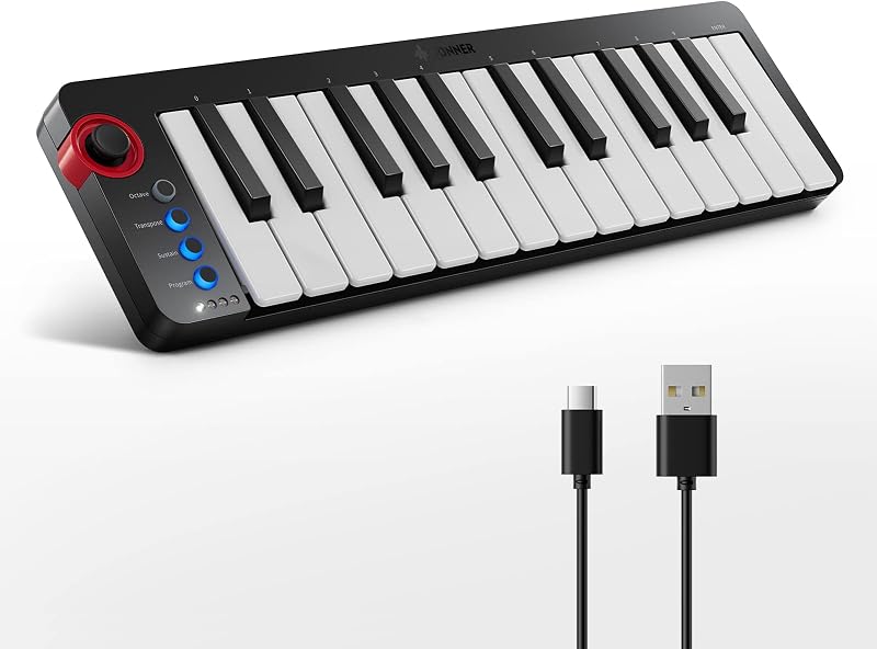 Donner Mini MIDI Keyboard N-25, 25 Key MIDI Controller Gifts for Beginners with Velocity-Sensitive Mini Keys Light-up Rocker Music Production Software, Small USB Controlador with 40 Teaching Courses