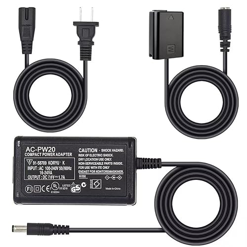 (1) Camulti AC-PW20 AC Power Supply Adapter for Sony Camera Camcorder,NP-FW50 Dummy Battery Kit for Alpha A5100 A6000 A6100 A6300 A6400 A6500 ZV-E10 A7 A7R A7S A7II A7RII A7SII RX10 II III IV NEX5/7