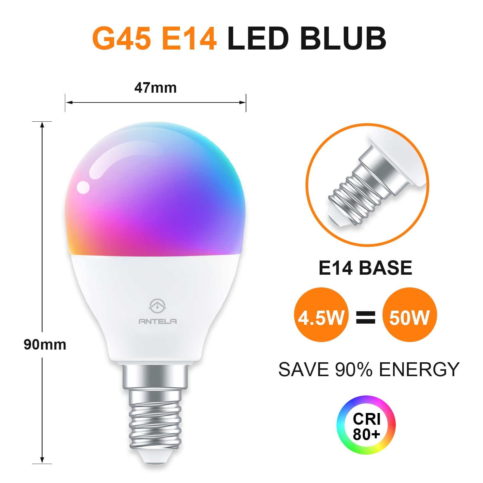 ANTELA Bombilla LED Inteligente WiFi G45, Casquillo E14, 4.5W, RGBCCT, Regulable Colores, Luz Cálida Fría 2700 a 6500K, 385lm, Compatible Alexa y Google Home, Vida Útil 15000 Horas, 8pcs