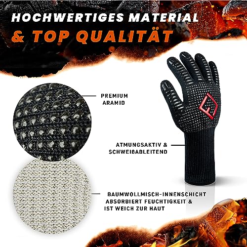 FLIPLINE® Grillhandschuhe Hitzebeständig - Premium feuerfeste Handschuhe, Ofenhandschuhe, Kochhandschuhe, Backhandschuhe für Küche & Grill - BBQ Handschuhe inkl. Rezepte E-Book (M)