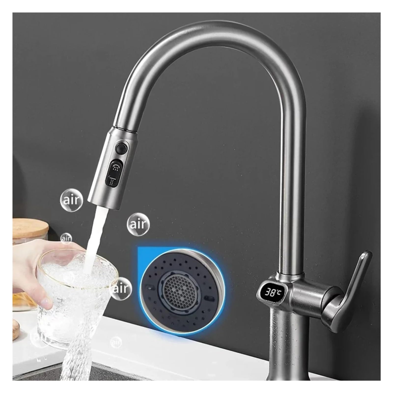 Grifo de cocina acero inoxidable cepillado digital, grifo lavabo giratorio extraíble, válvula mezcladora fría y caliente,Seguro y Confiable(Gun-Grey)