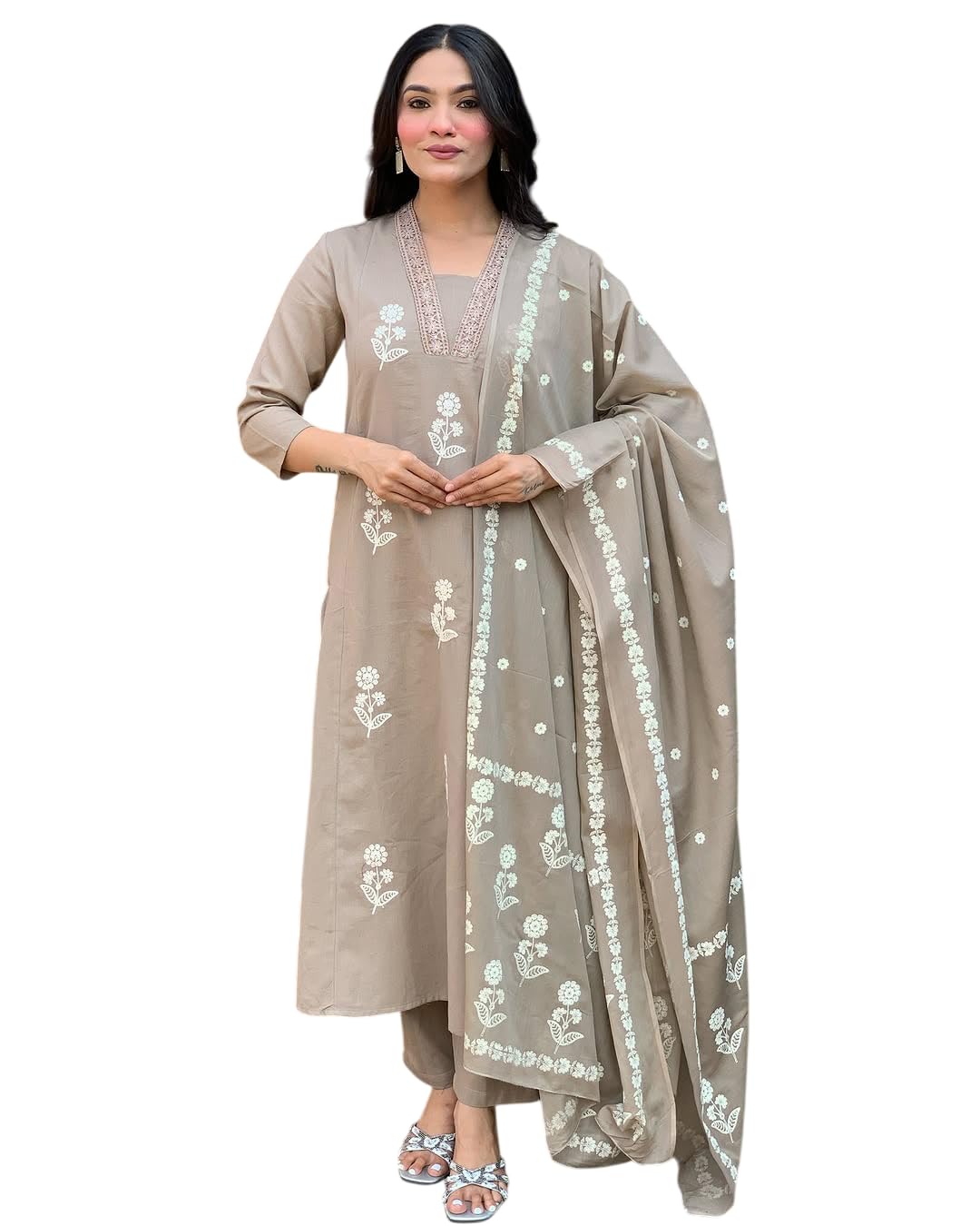 varni fabrics: a lady's first love Women's Beige Floral Embroidered Cotton Kurta Pant With Dupatta Set-picture-38