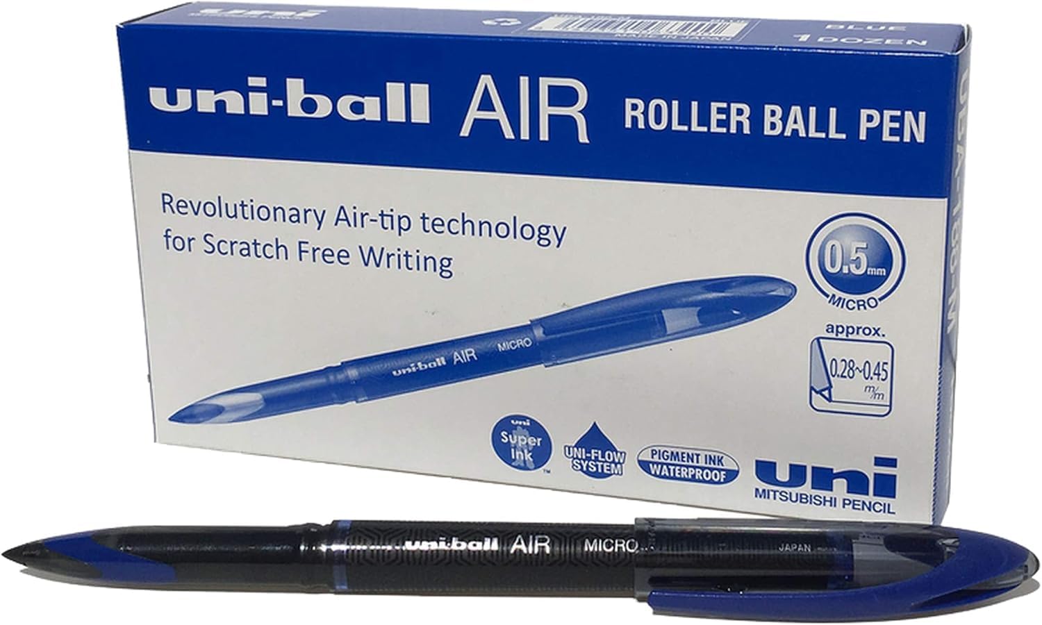 Air, Micro Nib, Blue Liquid Ink Rollerball Pens (12pc Set) - Smooth, Comfortable, Long Lasting, Japanese Quality, for School, Work, Office, Study, Teacher, Notes, Journal, Gift