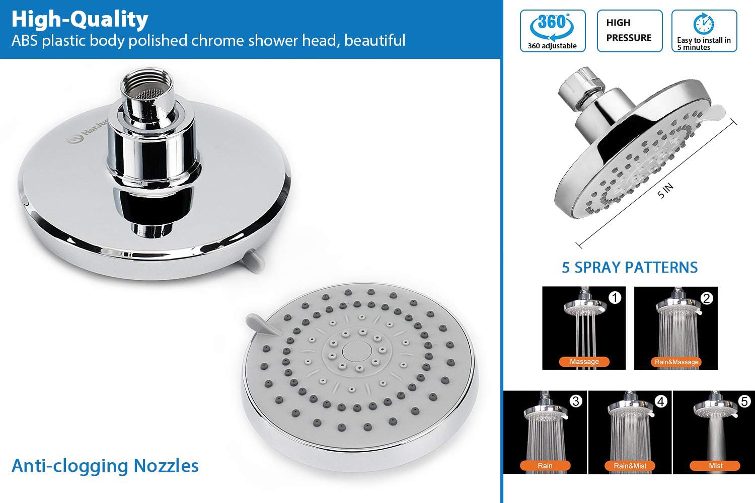 Snapklik.com : High Pressure 5 Setting Rain Shower Head Combo, HarJue ...