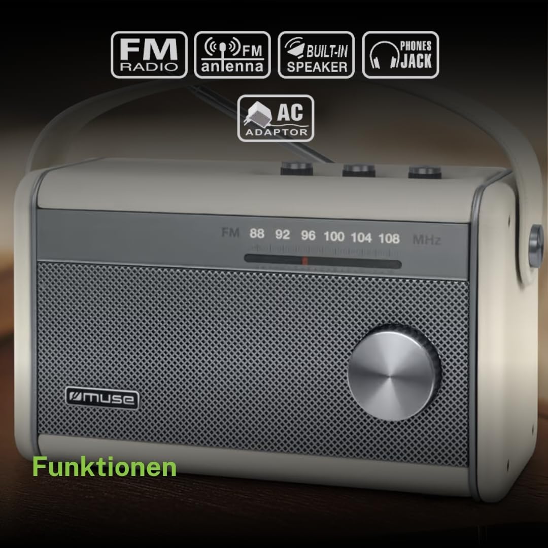 Muse M-098 SC Radio Bluetooth Portable, Radio FM, Puissance de Sortie 10 W, antenne télescopique FM, Affichage de fréquence Lumineux, USB-C, Prise Casque, Radio à Batterie, Bloc d'alimentation Inclus