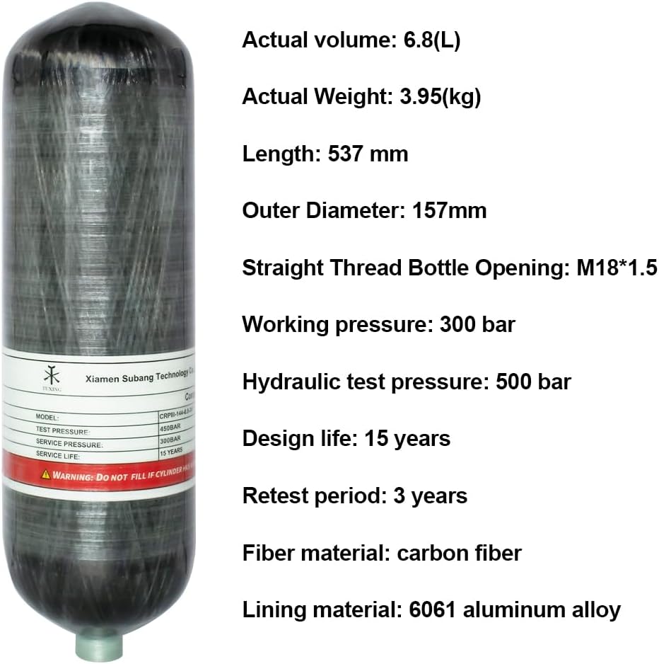 TUXING 4500Psi Pcp Air Tank,High Pressure Composite Cylinder,Carbon Fiber Air Tank 6.8L,CE Approved,Pcp Paintball Air Tank Diving Tank（Empty Bottle） M18*1.5