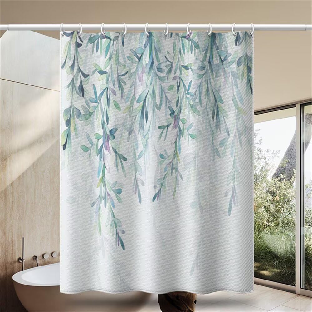 Cortina Ducha Enredaderas 180x200 cm, Cortina de Ducha Planta Verde Lavable de Poliéster, Cortinas de Baño Impermeable Antimoho con Ganchos, Cortinas Bañera para Baño, Dobladillo con Peso (LB1977)