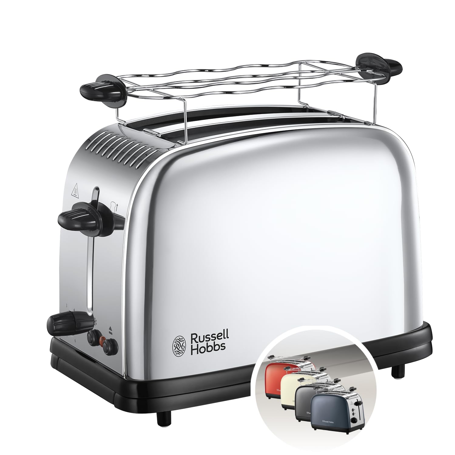 Russell Hobbs Toaster [für 2 Scheiben] Victory Edelstahl (extra breite Toastschlitze, inkl. Brötchenaufsatz, 6 Bräunungsstufen + Auftau- & Aufwärmfunktion, Schnell-Toast-Technologie, 1670W) 23310-56