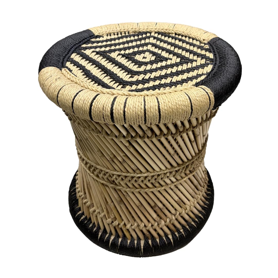 Premium Mudda Stool (15x15 Inch) - Export Quality Round Cane Seating for Living Room, Bedroom, Balcony & Garden - Eco Friendly Bamboo Furniture (Black & Beige)