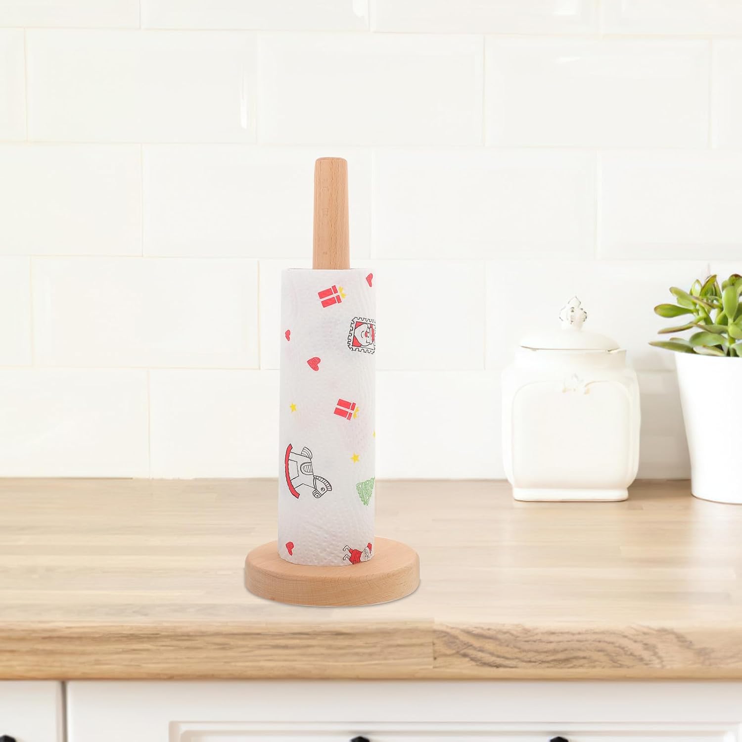 UPKOCH Vertical Kitchen Paper Towel Holder Stand, Solid Beech Wood Roll Organizer Round Base, Countertop Desktop Paper Towel Dispenser for Home and Commercial Use