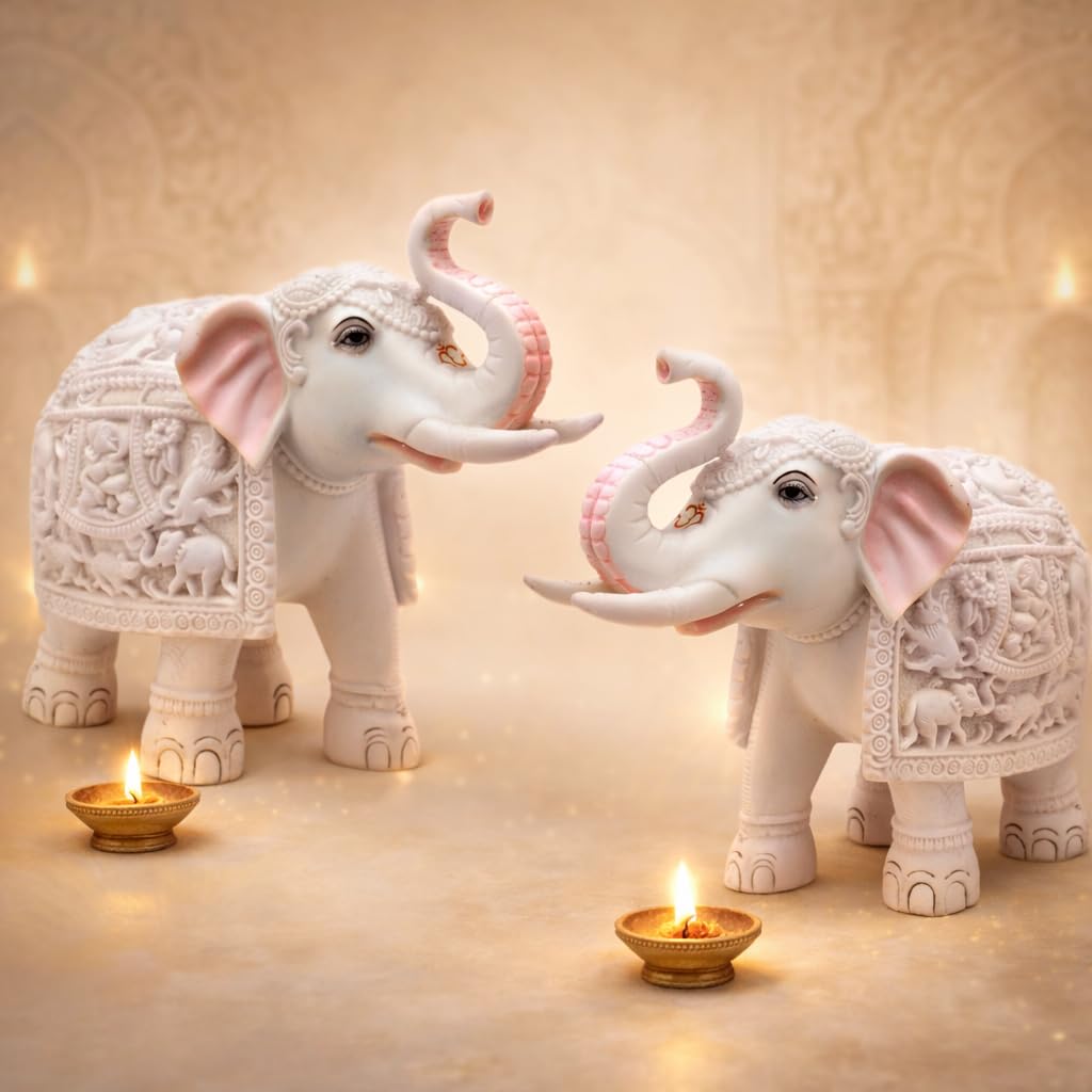 White Marble Elephant Statues - Good Luck & Prosperity -4 White Marble Elephant Statues - Good Luck & Prosperity -4