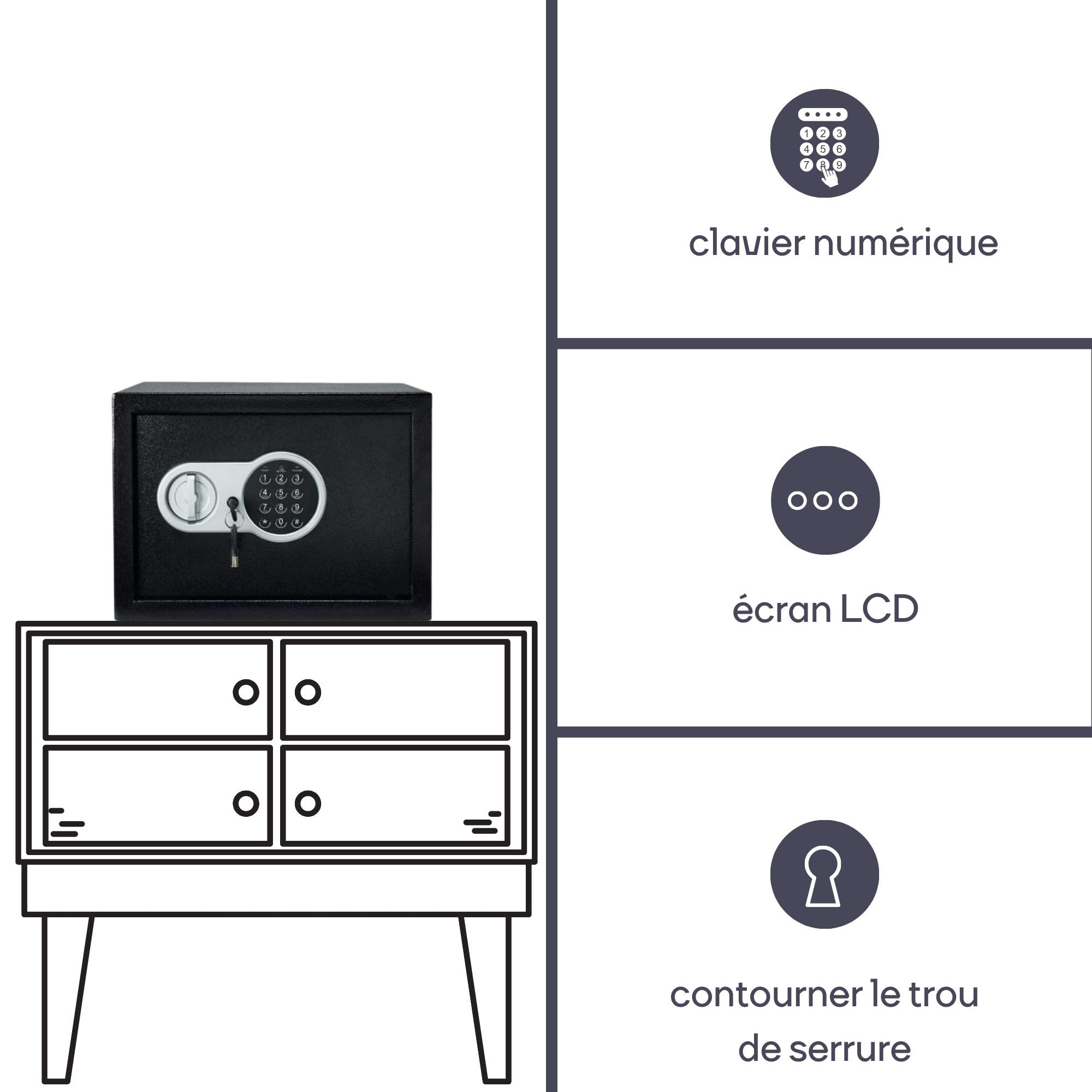 Perel Coffre-fort électronique avec code numérique et clé d’urgence, coffre en acier spacieux avec intérieur doux, mini coffre sécurisé pour bijoux, documents et argent, 20x31x20 cm